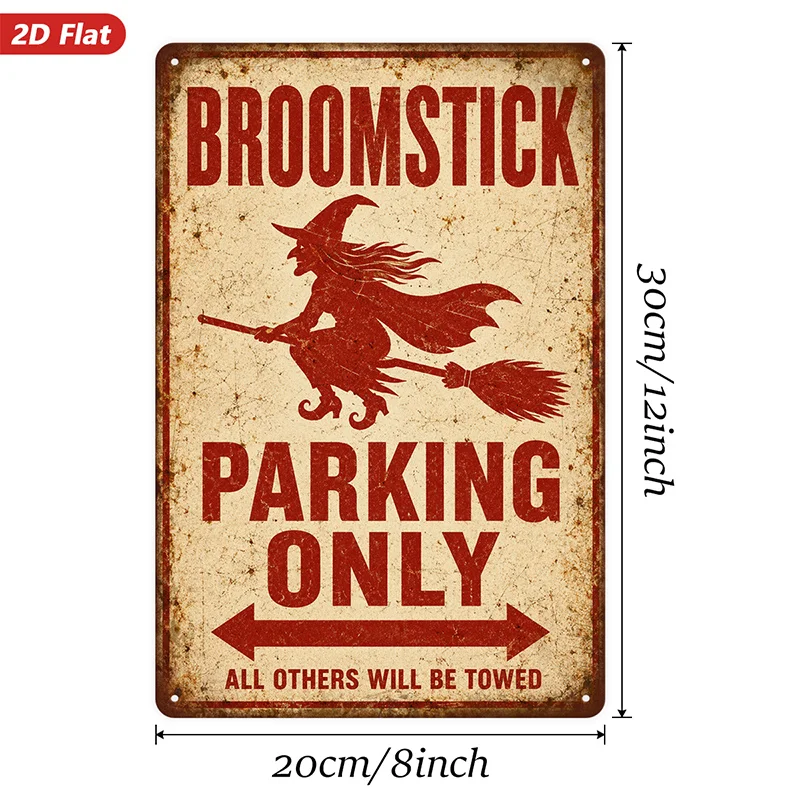 2D Flat, 1pc Metal Sign Wall Art, Witch Broomstick Parking Decorative Wall Art, Retro Style, Halloween Theme, Home Decor,