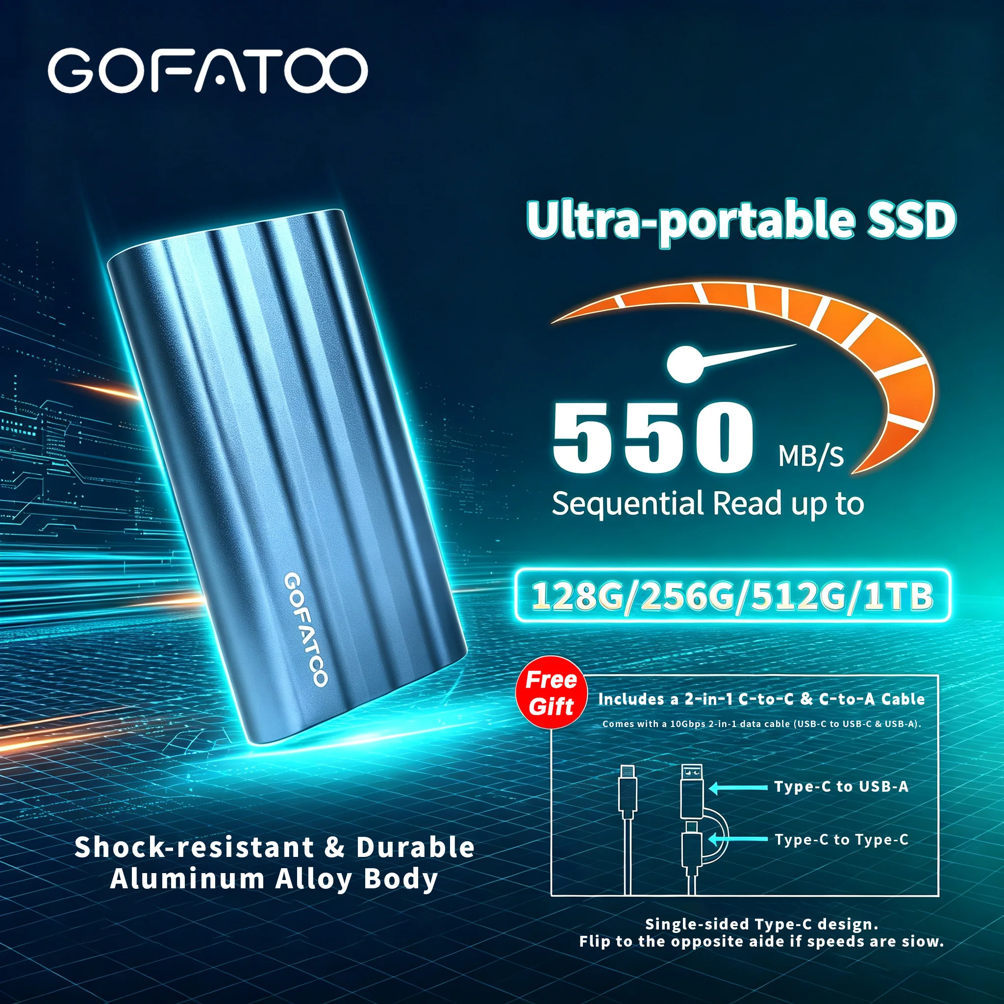 GOFATOO 550MB/s Portable External SSD USB3.2 Gen1, USB-A Type-C Dual Drive for iPhone 15/16/17 PC Laptop, 32GB-1TB