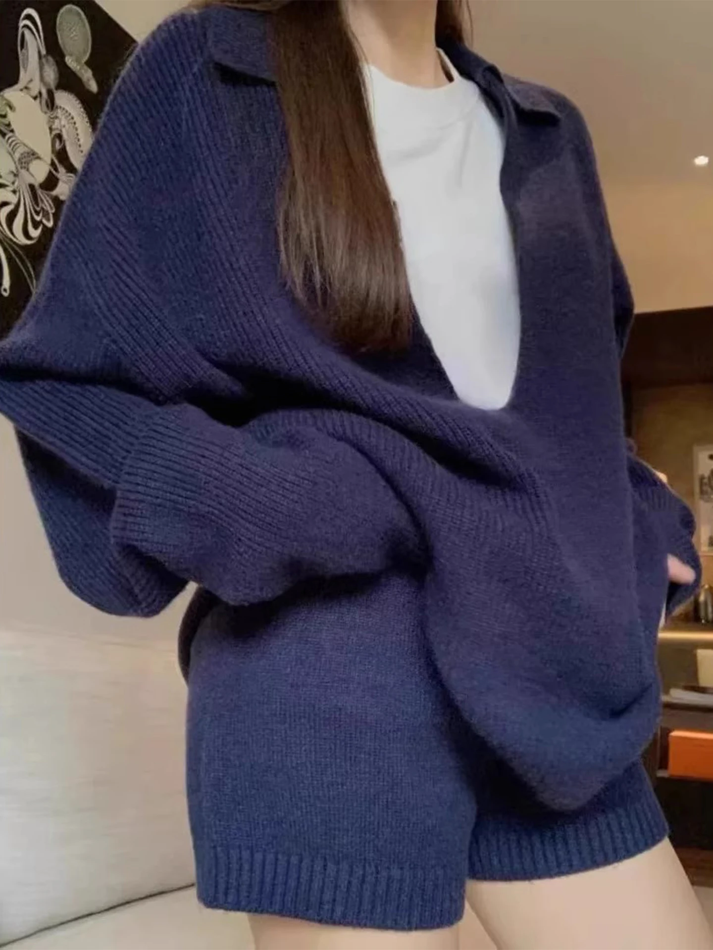 Lässiger gestrickter V-Ne-Pullover mit hoher Taille, zweiteiliges Set für Damen, Faion, Herbst 2022, schlankmachende Wirkung