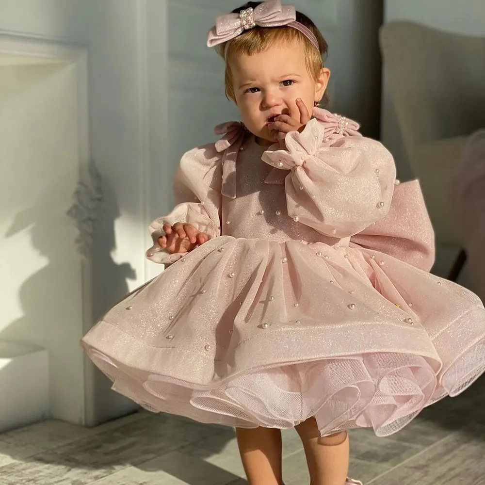 Princess Flower Girl Dress For Wedding perle rosa maniche lunghe Bow Puffy Baby Kids compleanno prima comunione Party Ball Gown