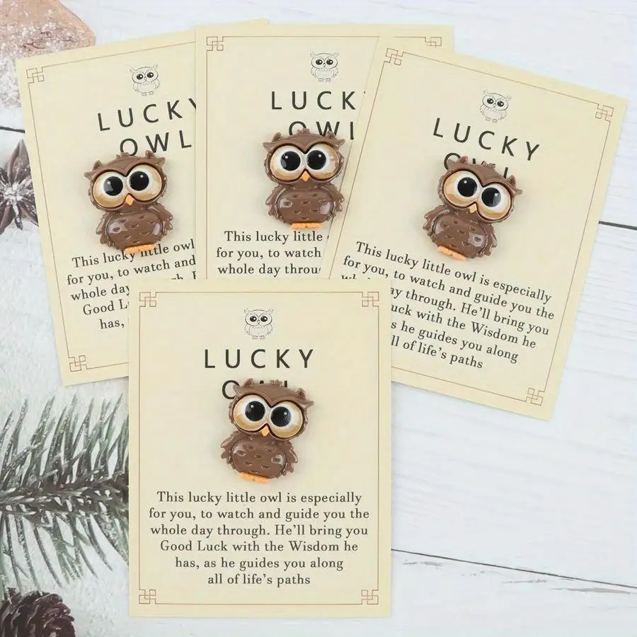 1/5/10/20/50/100pcs of 4 Brave And Lucky Inspirational Owl Greeting Cards, with Resin Owl Sculpture, Universal Holiday Gifts, So
