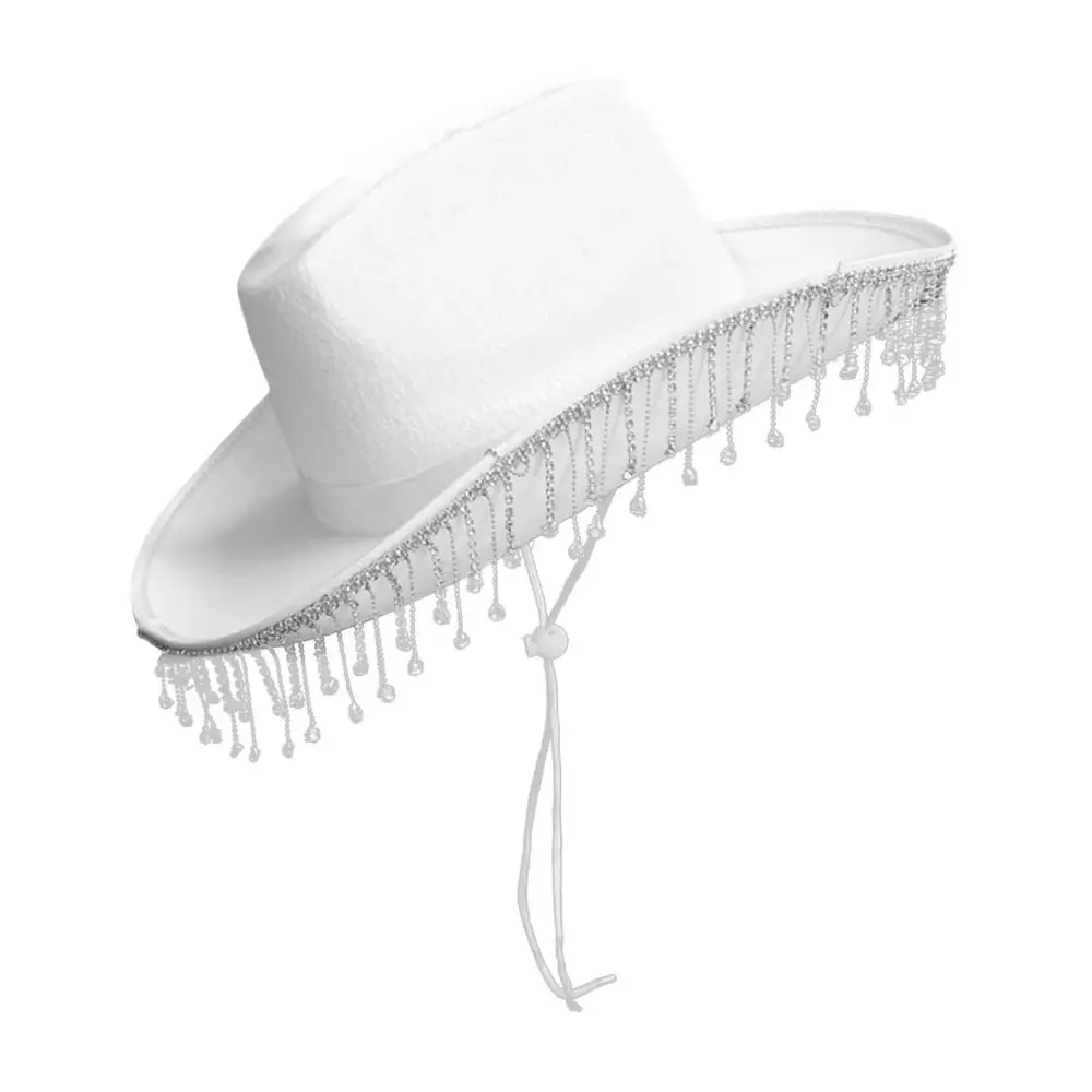 New Crystal Tassels Cowboy Hat Black White Pink Elegant Bride Cowgirl Hats Rhinestone Cap Wedding Party