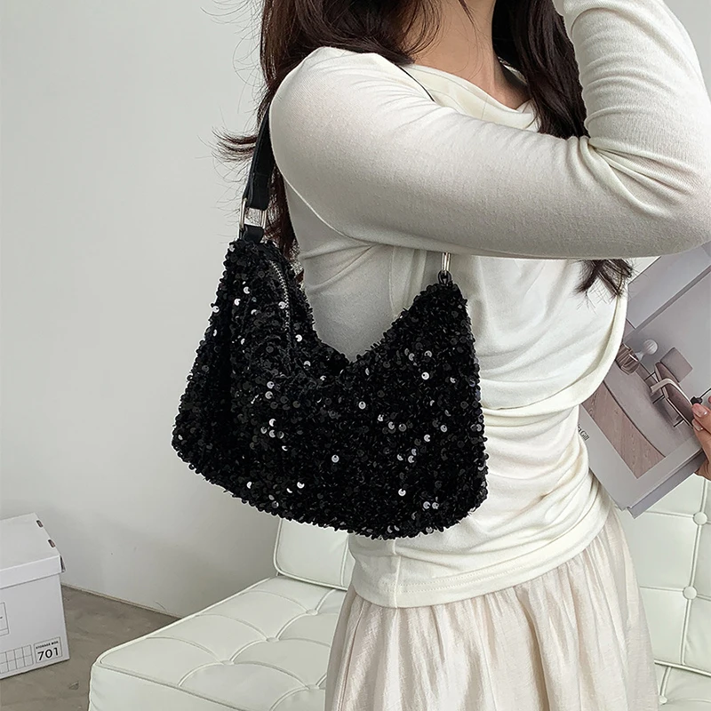 Sequin Underarm Bag Women 2024Luxury Designer Shoulder Bag Korean Fashion Shiny Party Handbag Evening Clutch Female Mobile Purse