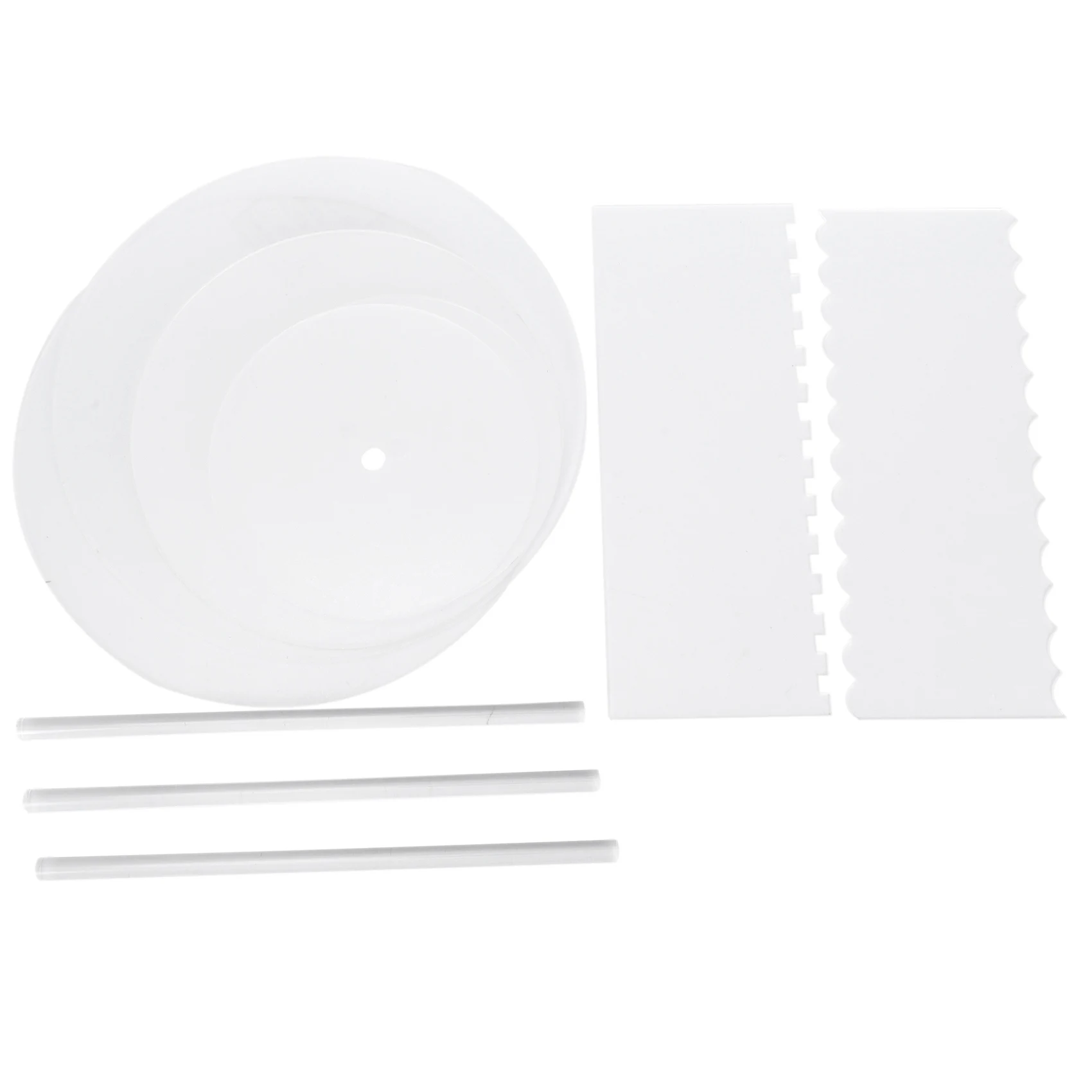 

Acrylic Round Cake Disk Set - Cake Discs Circle Base Boards with Center Hole - 2 Comb Scrapers (4 Patterns) & Dowel Rod