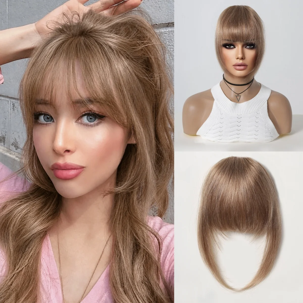 100% Human Hair Clip-In Wispy Bangs Light Brown Fringe with Face-Framing Side Pieces One-Piece Snap Clip Hair Extension