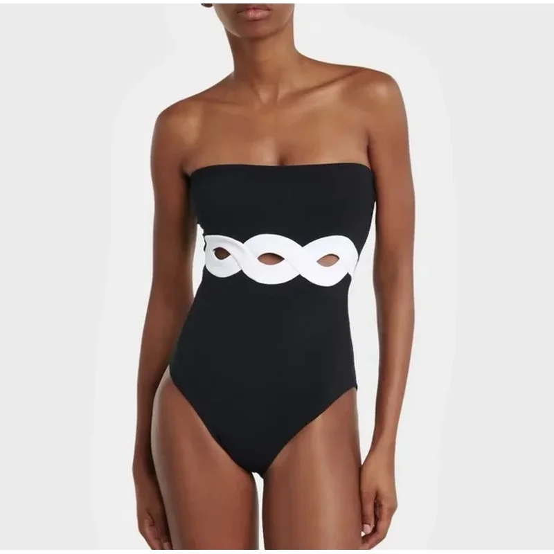 

2024 Bandeau Cutout Black And White One Piece Swimwear Women Vacation Beachwear Luxury Bathing Suit Bodysuit Dress