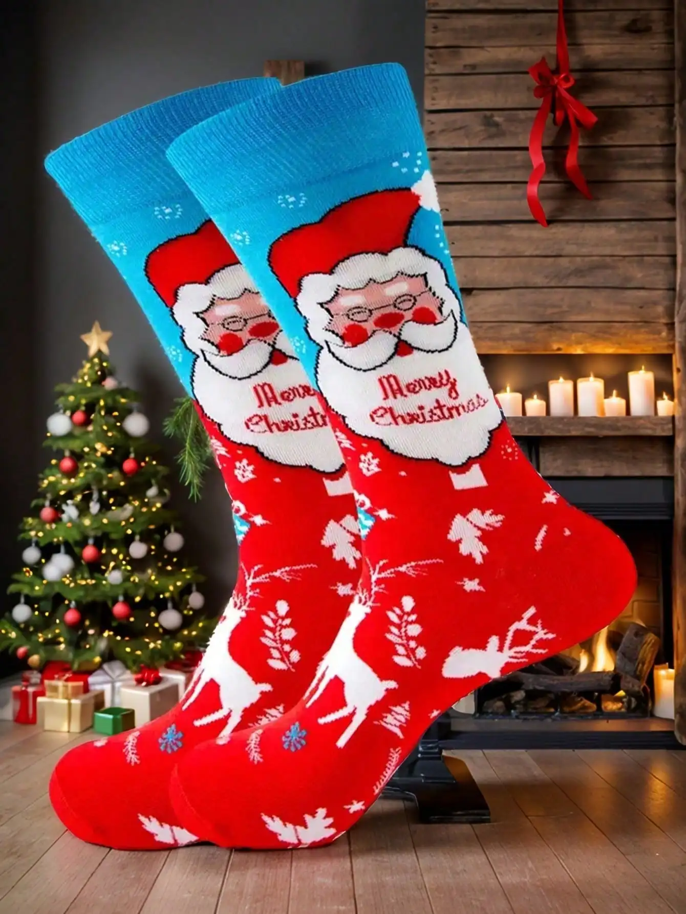 

Merry Christmas Socks for Men & Women, Santa & Reindeer Design, Cozy Winter Holiday Stockings