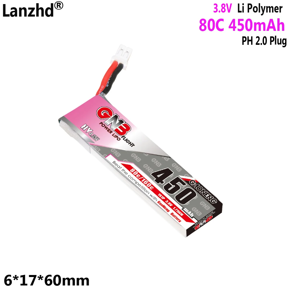 450mAh 1S1P 3.8V lithium battery with ph2.0 plug 80C For HV TinyHawk S II Indoor hollow cup batteries