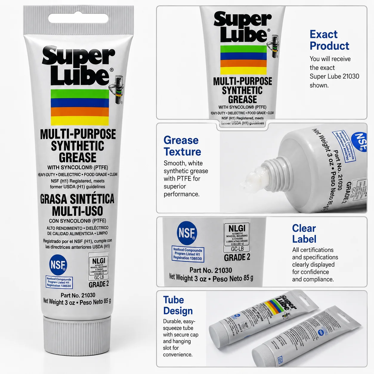 Super Lube 21030 Synthetic Grease with PTFE 3oz 85g Multi Purpose Lubricant for O-Rings Bearings Gears and Mechanical Parts