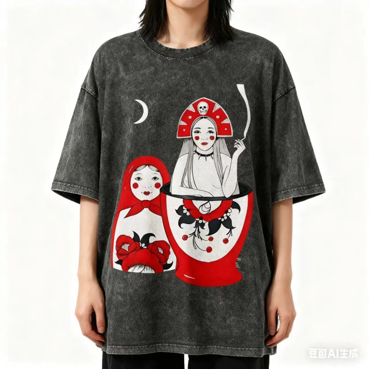 ヴィンテージウォッシュブラックロシア人形パターンプリント Y2k グラフィック Tシャツ女性のオーバーサイズカジュアル Tシャツ半袖トップ Tシャツ Summer2026 1
