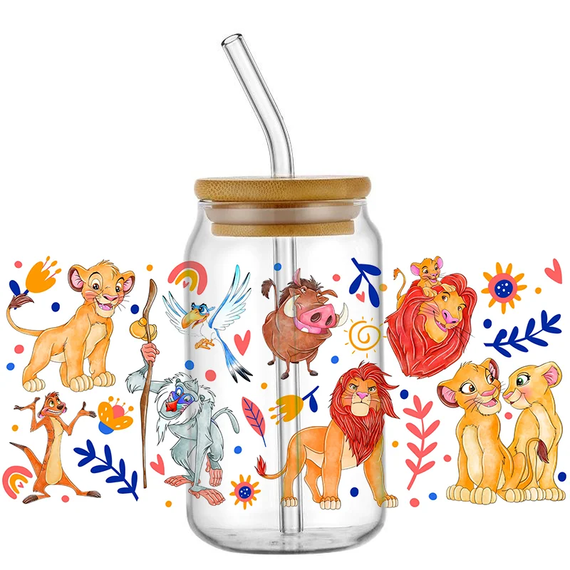 Miniso 3D Cartoon 16oz Libbey UV DTF Cup Wrap Lion King Transfers Sticker tazza fai da te etichette personalizzate adesivo impermeabile durevole