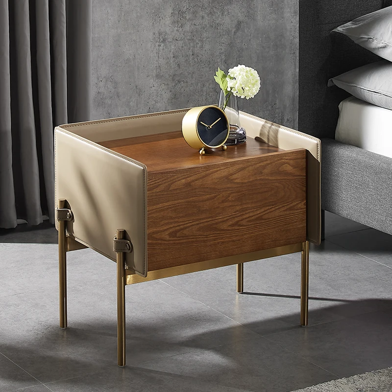 modern nightstand natural wood minimalist wooden leather bedside table with stainless steel leg