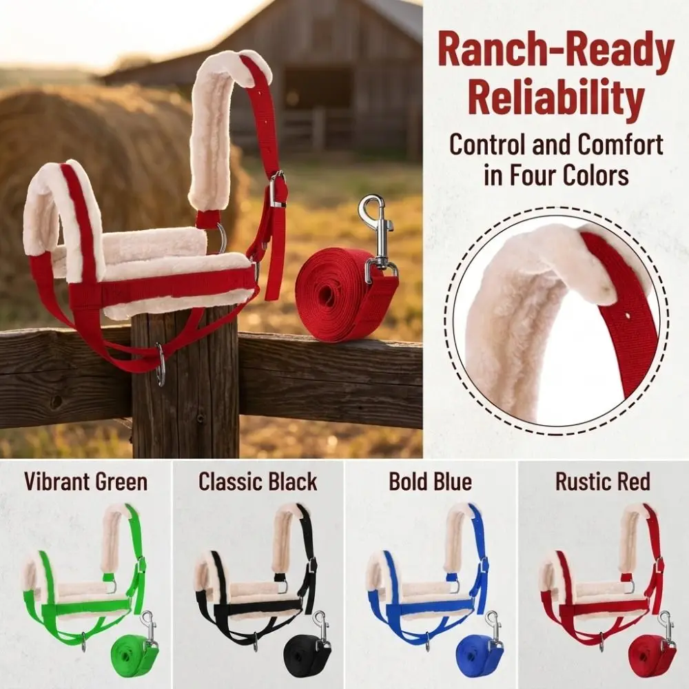 Plush Nylon Cow Halter Fleece-lined with Long Lead Rope Halter Lead Rope Set Durable Adjustable Animal Training Harness Outdoor