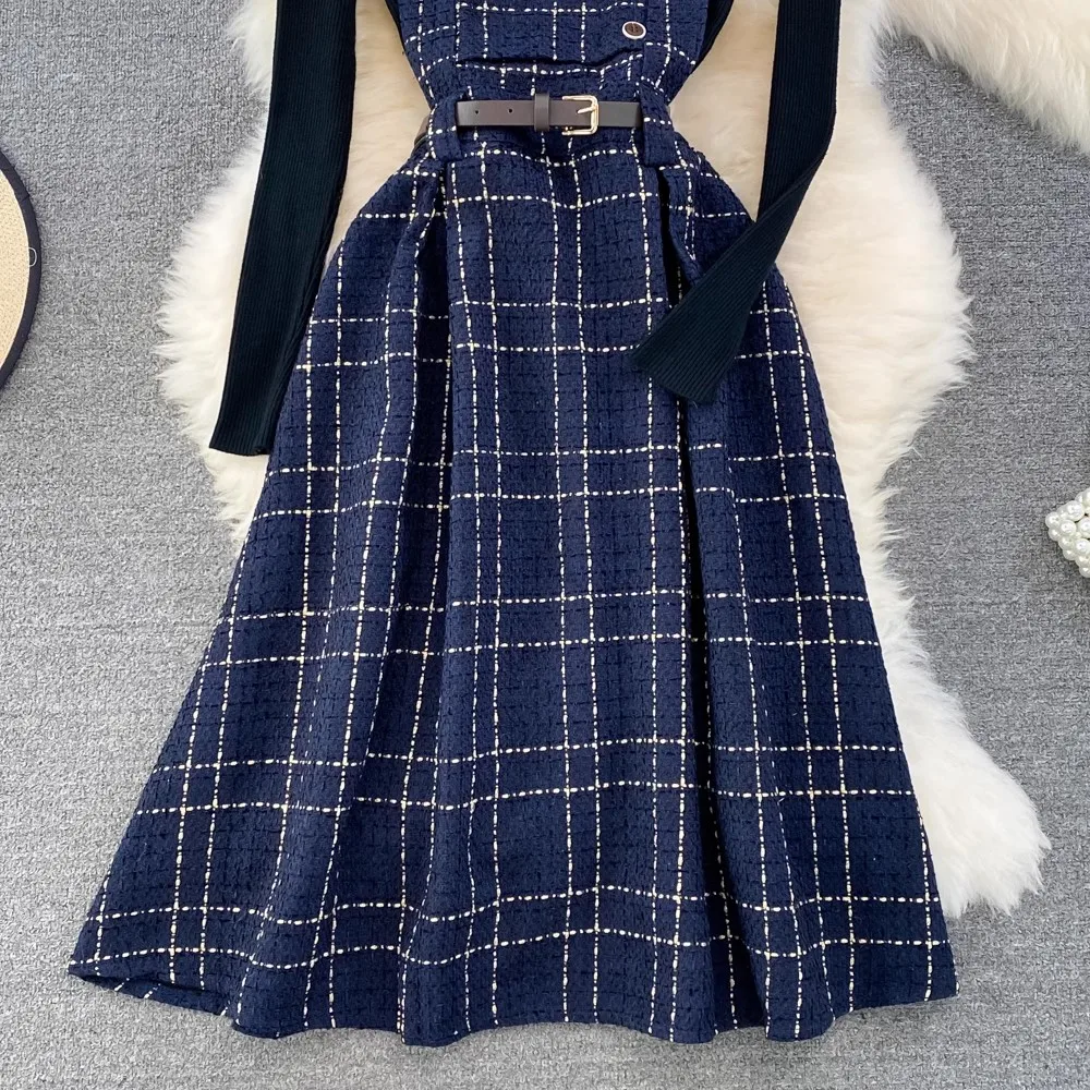 2024 Autumn Winter Long Plaid Dress Women Sleeveless Woolen Sundress With Belt Loose Spaghetti Strap Dresses Female Vestidos