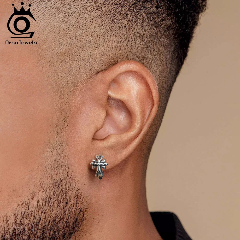 

ORSA JEWELS Vintage S925 Silver Cross Hoop Earrings For Men Hiphop Dainty Ear Buckle Hoops Punk Party Jewelry Gift NME01
