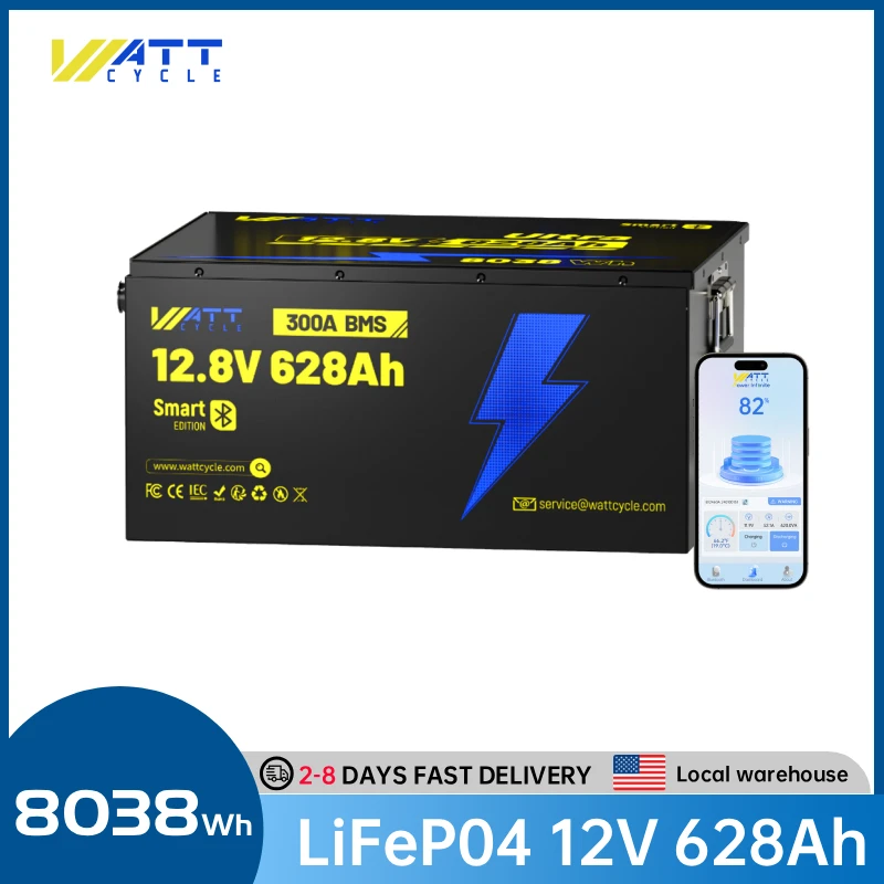 

WattCycle 12V 628Ah LiFePO4 Lithium Battery Built in 300A BMS,8038Wh Energy,15000+ Cycles Battery with Bluetooth,For Home Energy