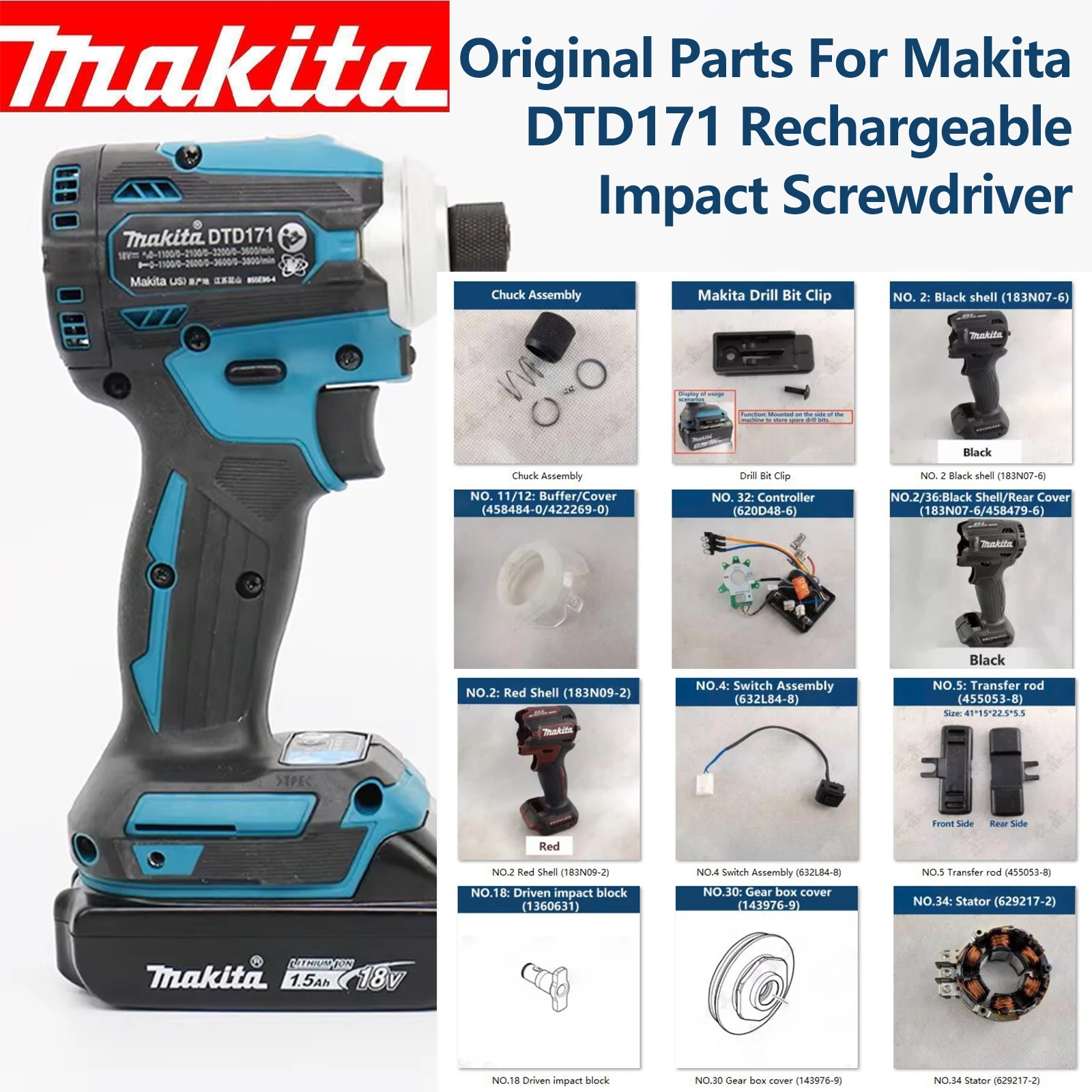 Makita-original Switch Assembly Parts Switch Assembly Transfer Rod Hammer Box Estator para Dtd171 Chave de Fenda de Impacto Recarregável