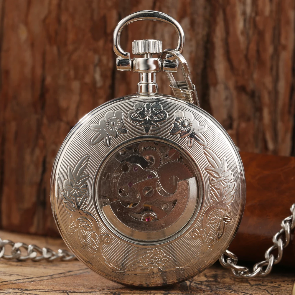 Luxury Vintage Roman Numerals Automatic Pocket Watch Men Fob Chain Mechanical Self Winding Open Face Chain Pendant Pocket Clock