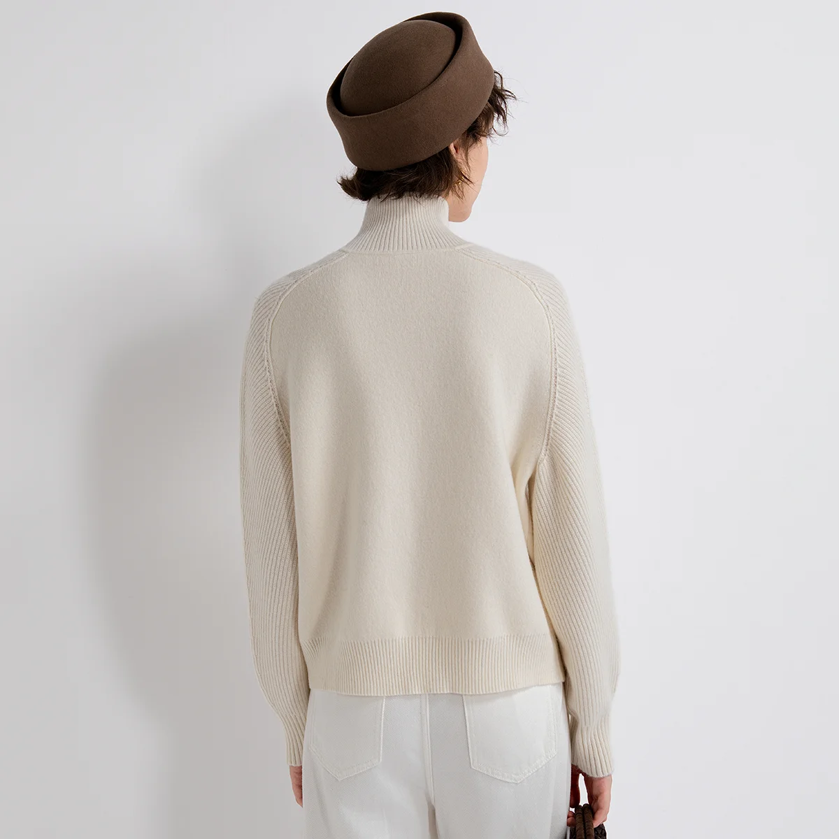 TY862152 Women's Wool Cashmere Blend Stand Collar Zip Up Cardigan 100% Sheepskin Chest Pocket Ribbed Hem LP Quiet Luxury Autumn