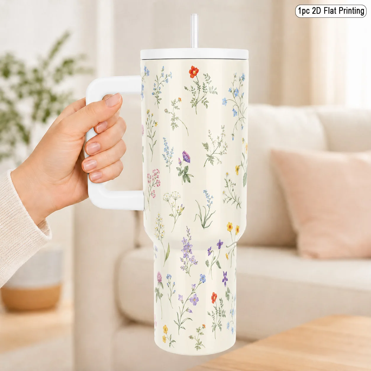 1pc 40Oz 304 Stainless Steel Insulated Tumbler, with Delicate Wildflower Print, Leakproof Lid with Straw Handle Fits Car Cup Holder, for Iced Coffee Hot Drinks, Great for Outdoor Camping As Lady Friend Gift
