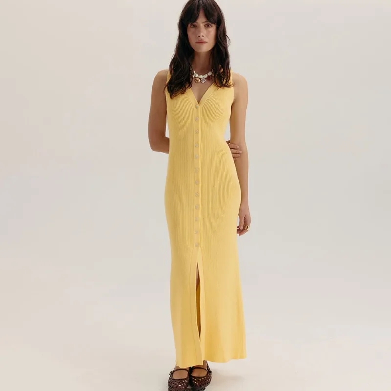 

Tuularose Women's Knitted Maxi Dress Fashion Ribbed Patchwork Sleeveless Vest Dress Elegant V-Neck Women's Party Evening Dresses