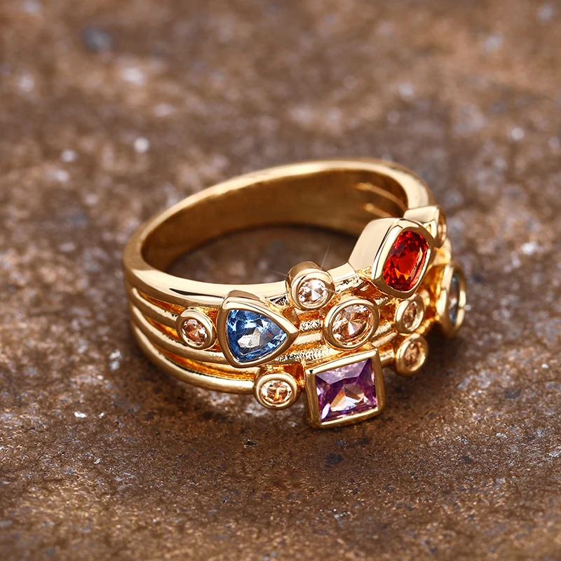 Huitan Geometric Colored Cubic Zircon Rings for Women Unique Wedding Band Accessories Statement Female Accessories Gift Jewelry