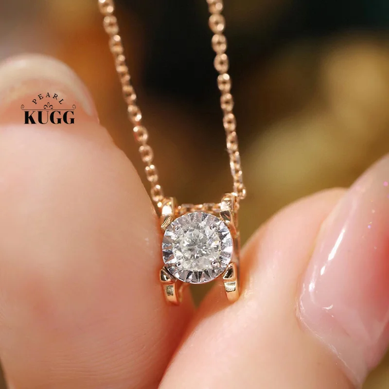 KUGG 100% 18K Rose Gold Necklace Shiny 0.20carat Real Natural Diamond Pendant Necklace for Women Classic Design Wedding Jewelry