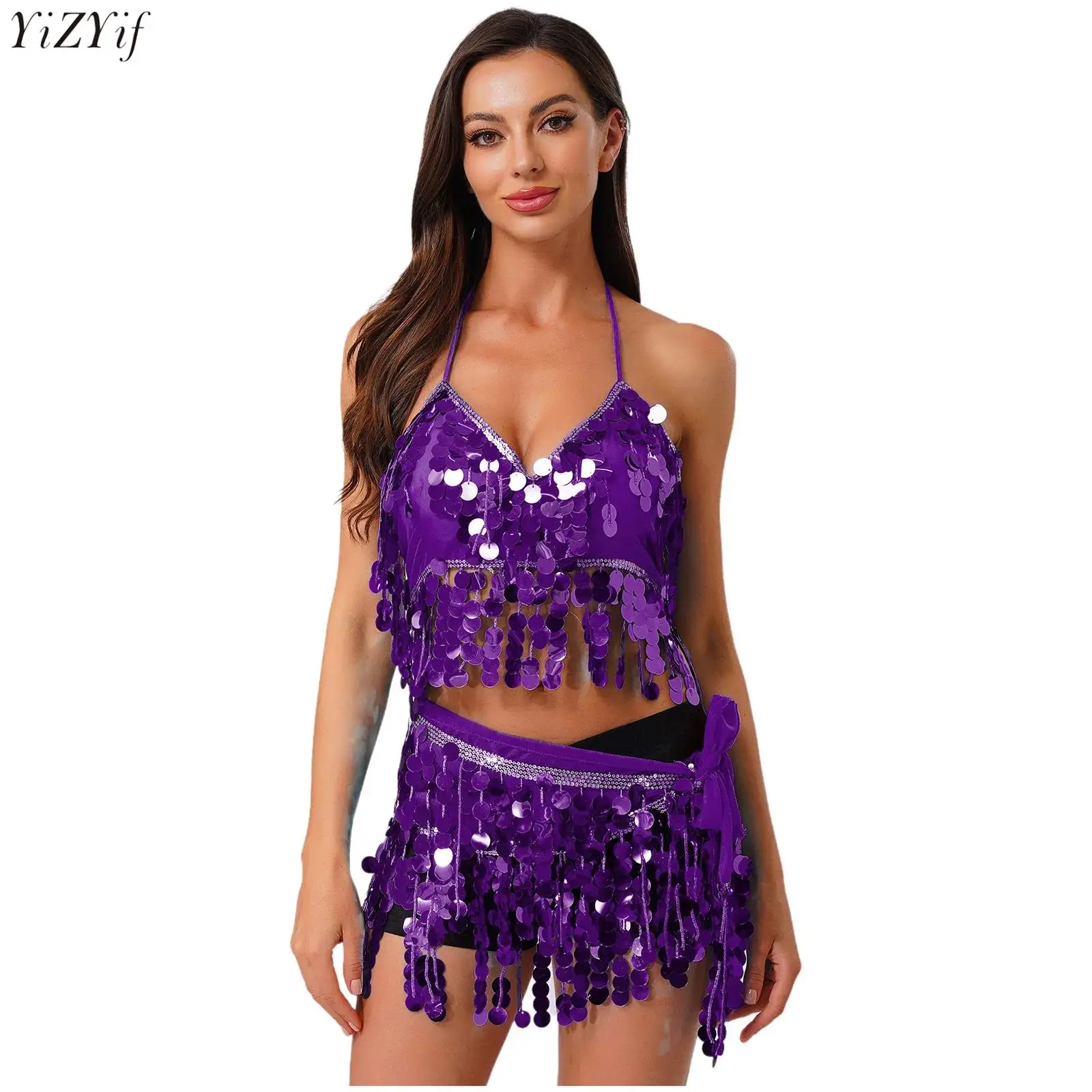 

Womens Belly Dance Outfits Glittery Sequined Tassel Fringe Padded Bra Crop Top+Lace-up Hip Scarf Waist Chain Skirt 2-Piece Set