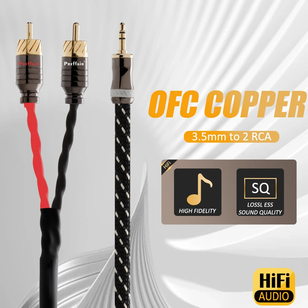 Preffair HiFi 2 RCA-3.5mm Audio Cable OFC Copper 3.5 Stereo Jack to 2 RCA Y Splitter Cable for Cell Phone/PC/Laptop/Amplifier