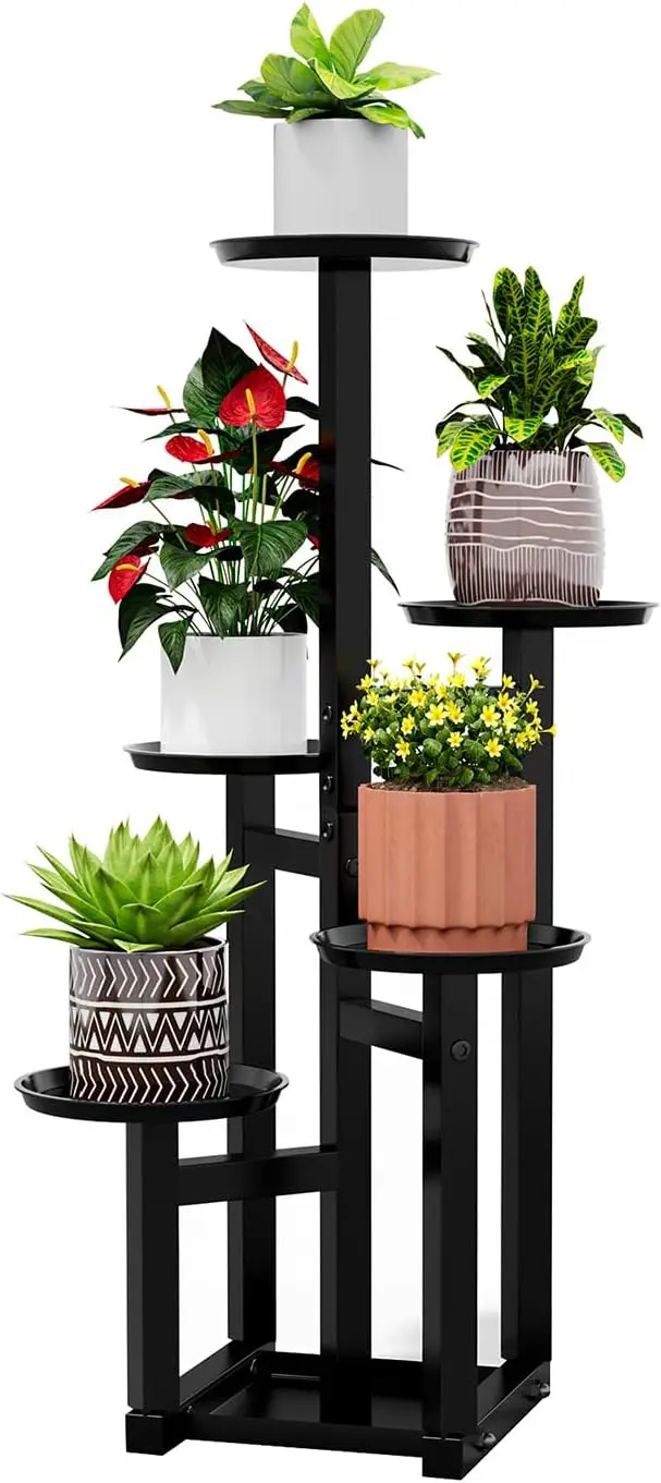 

POTEY 5 Tiered Metal Plant Stand Indoor, Tall Shelf Corner Stands for Plants Multiple, Black Shelf Rack for Outdoor Home Patio L