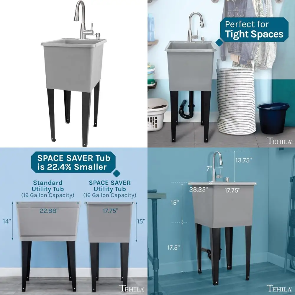 

Space-Saving Laundry Tub with Freestanding Utility Sink and Stainless Pull-Down Faucet for Efficient Home Use