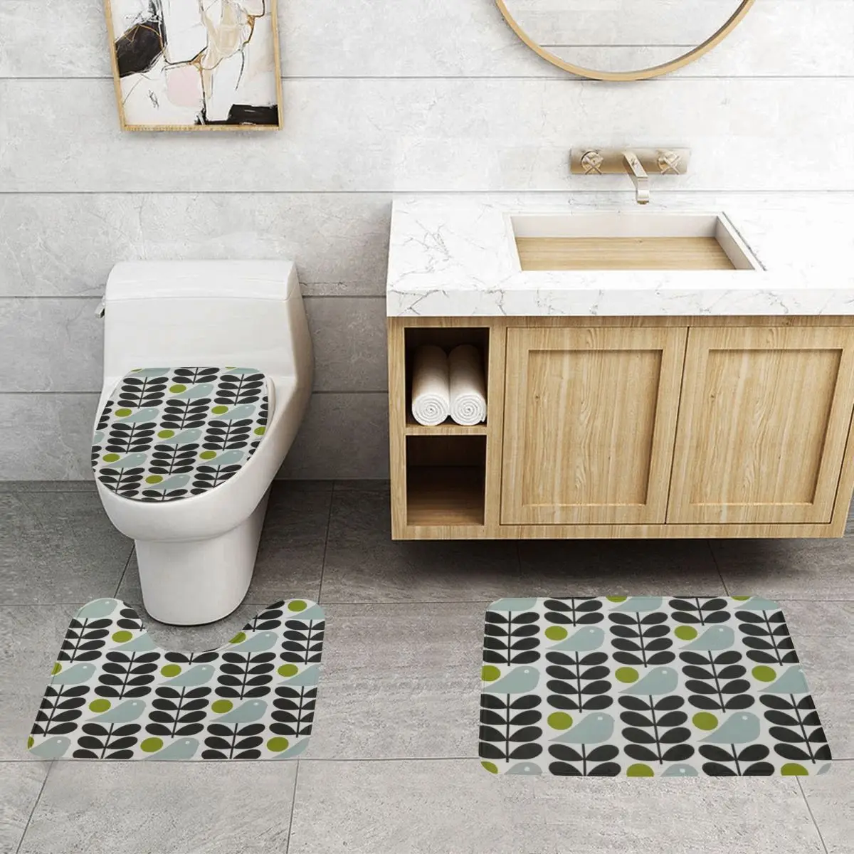 Custom Orla Kiely Scandinavian Multi-Stemmed Birds Flower Bathroom Rugs Sets Non Slip Absorbent 3 Pieces Bath Toilet Rugs Mats