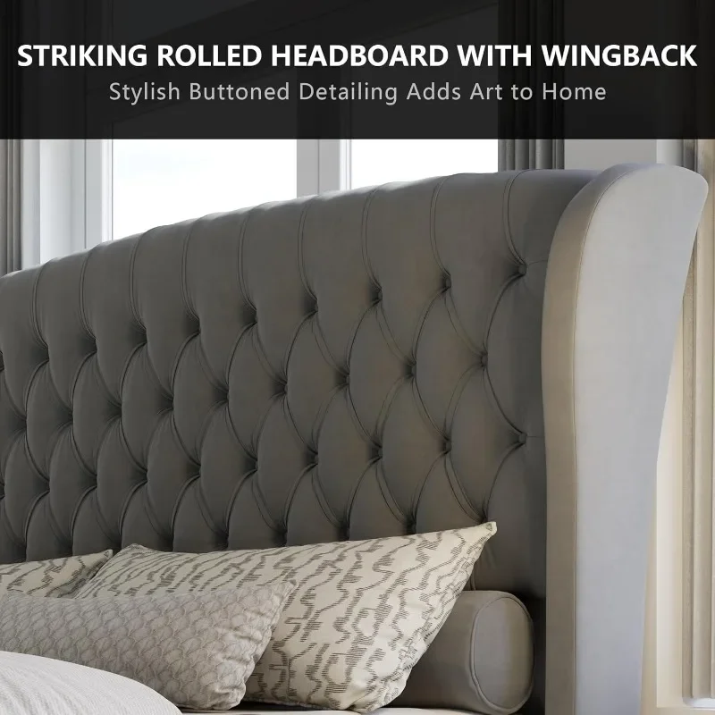 إطار سرير بمنصة مقاس كينج ساخن، سرير مزلقة منجد مخملي مع لوح رأسي مجنح التمرير ولوح القدم/الزر معنقدة/بدون صندوق