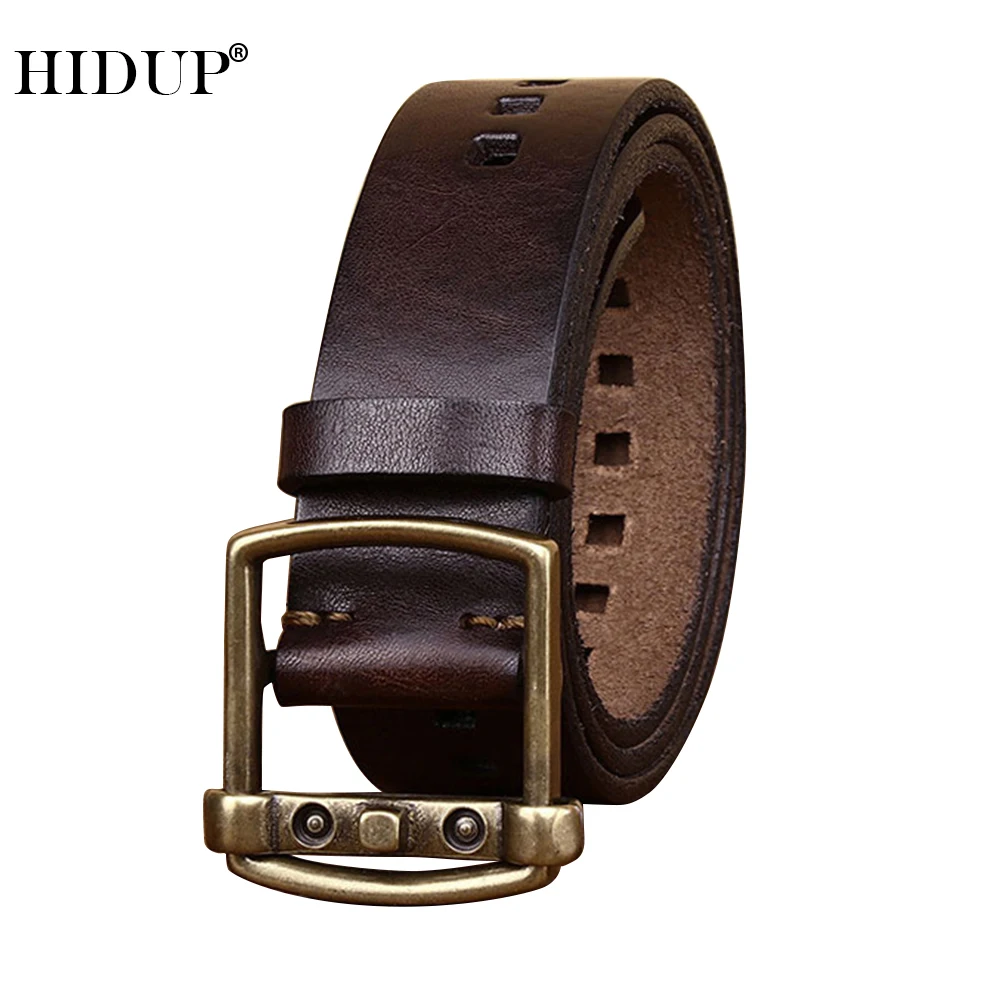 HIDUP 4.0cm Wide 100% Pure Solid Cowhide Leather Brass Pin Buckle Belts for Men Jeans Accessories