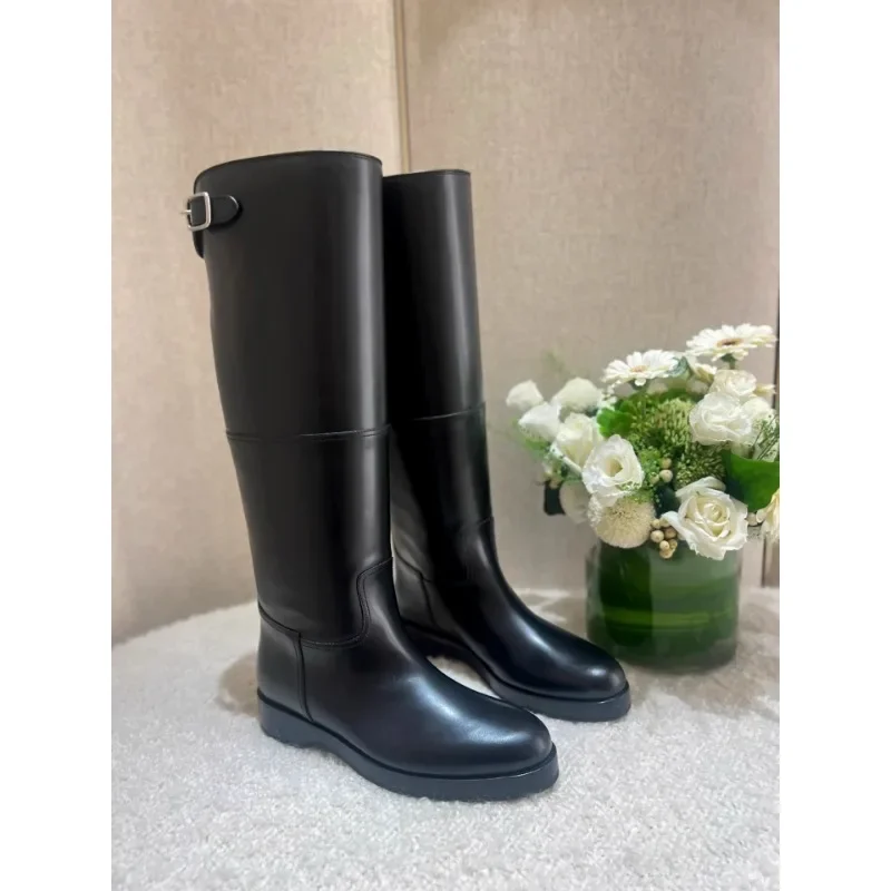 Premium Cowhide Splicing Women\'s Boots Belt Buckle Knight Boots 2024 Winter Trend New Real Leather Knee High Boot Shoes Botas