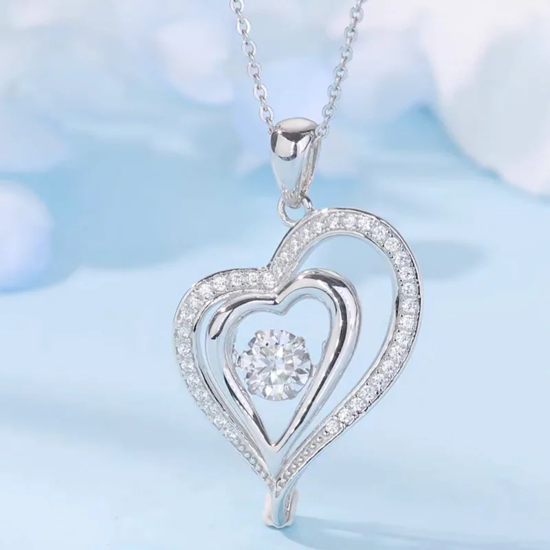 S925 Silver Plated 18K Gold Round Moissanite Diamond Smart Double Heart Necklace Main Stone 6.5mm/1.0ct