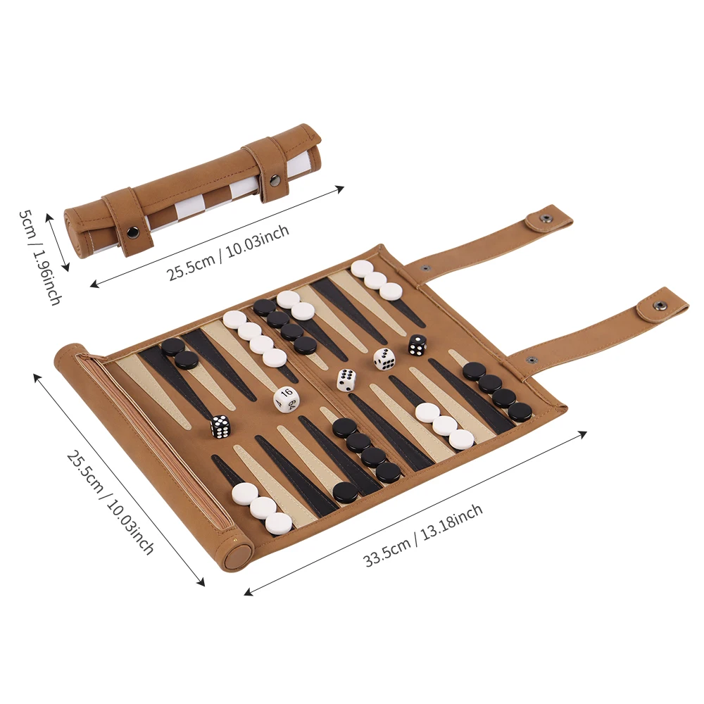 3-in-1 Roll-Up PU Leather Board Game Set Backgammon Chess Checkers Portable Travel Game with Storage Bag