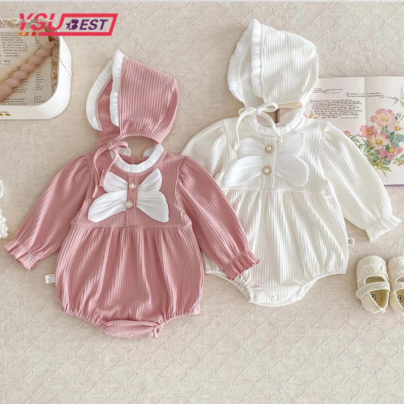 

2024 Fashion Baby Clothing Spring Fashion Infant Clothing Newborn Infant Baby Girls Romper+Hat Bow Rompers Ruffled Kids Onepiece