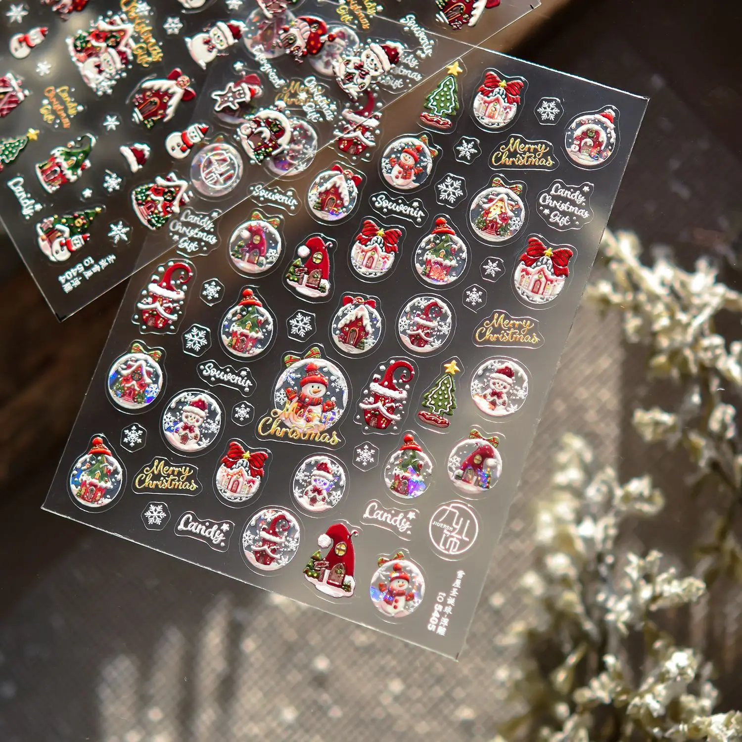 Autocollants pour ongles en relief 5D, maison de neige exquise, boule de noël, autocollants pour Nail Art, adhésif arrière d'hiver, décalcomanies de décoration de manucure, DIY bricolage