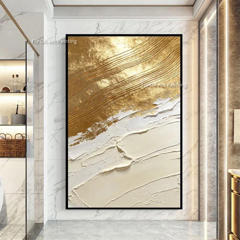 Handmade Golden Yellow Beige Simple Abstract Canvas Room Wall Decor Items Special Design Beige White Oil Painting New Artwork