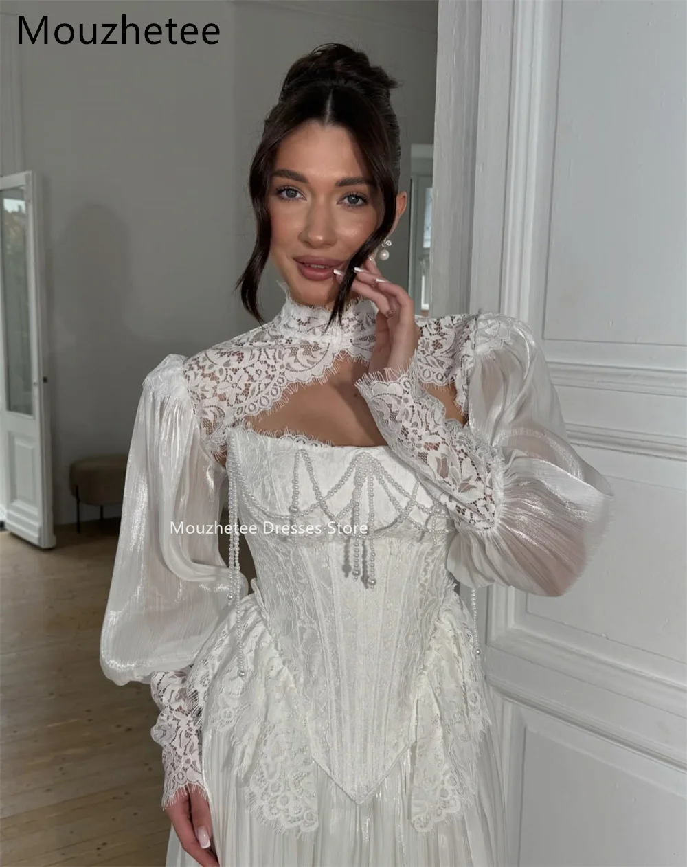 Mouzhetee  Elegant A-Line Strapless Pearls Lace Wedding Dresses Simple Long Sleeve Brides Gown Custom Made 2026
