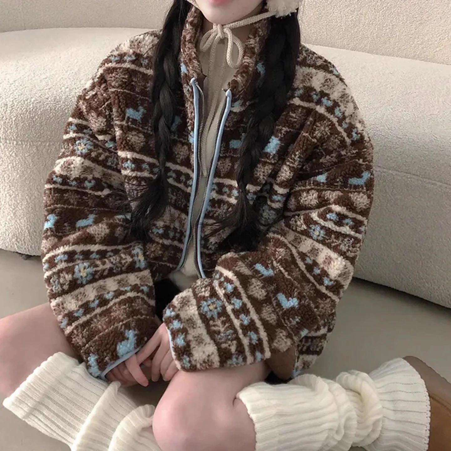 

Retro Fair Isle Color Blo Lamb Fur Cotton Jaet Women's Winter New Zipper Stand Collar Geometric Pattern Long Sve Coat