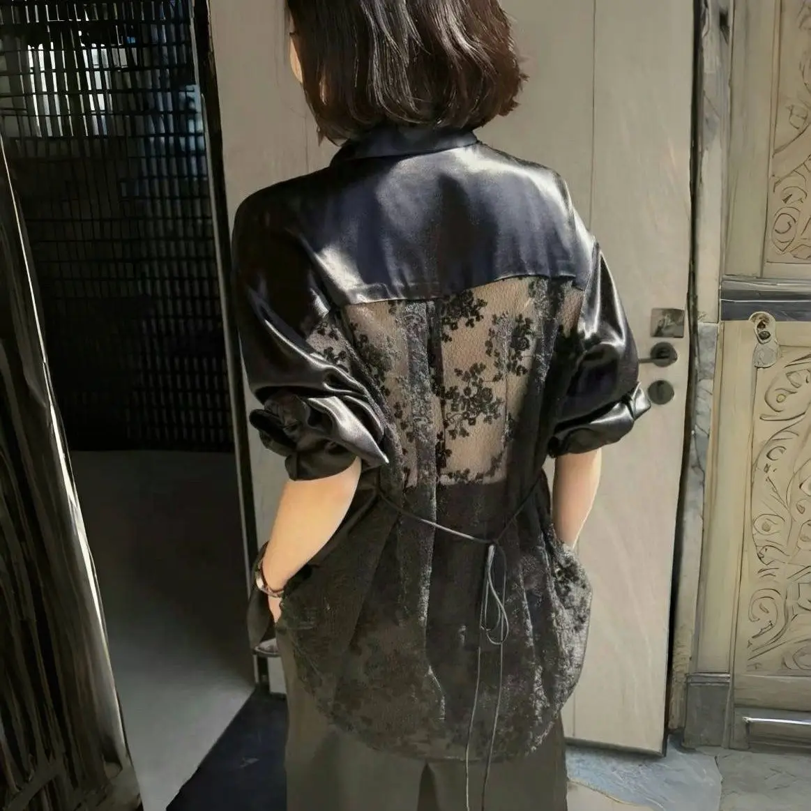 Womens Summer 2026 Satin Polo Neck Long Sleeve Sun Protection Blouse Back Cutout Simple Elegant Commuter Shirt