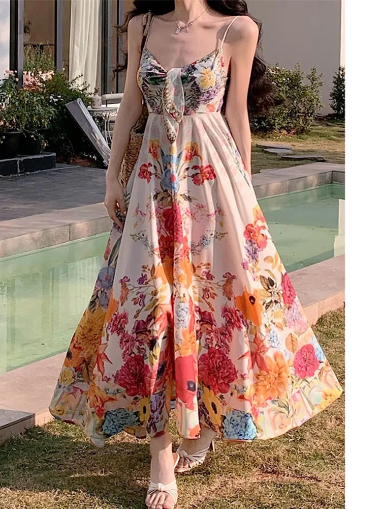 Holiday Beach Sling Party Long Dress For Women Summer Flowers  Print Chiffon Sexy V-Neck Backless Casual Boho Party Dress