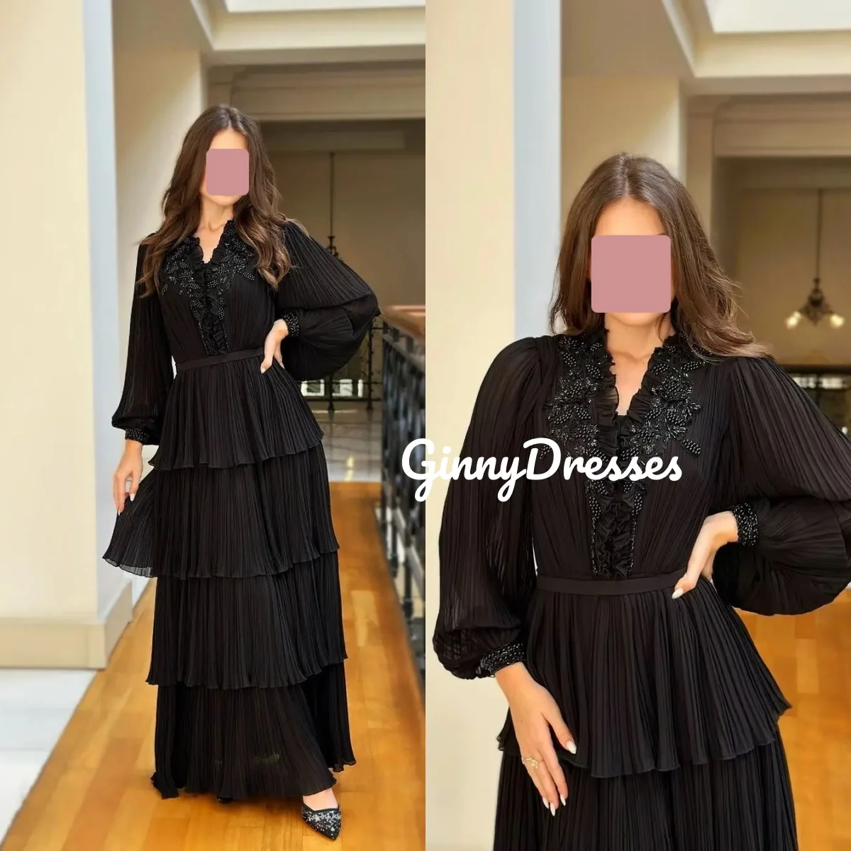 

Шифоновое вечернее платье на заказ с длинными рукавами, на молнии, с рюшами, для особых мероприятий, А-силуэт, V-образный вырез, с бисером, Vestidos De Fies