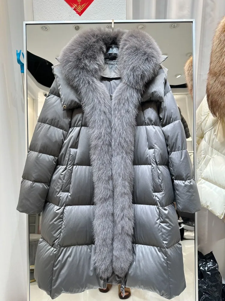 

Женская 23220, новая зимняя утолщенная теплая верхняя одежда, модное пальто из натурального лисьего меха с воротником из гусиного пуха, женская куртка с капюшоном из натурального меха