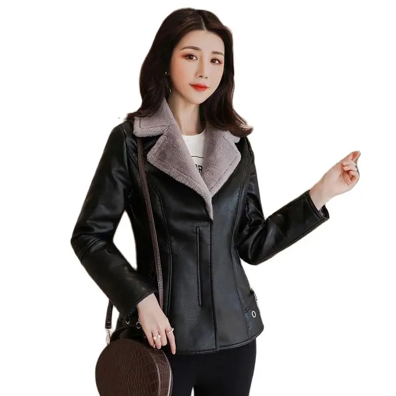 

2023New Winter PU Leather Jacket Women Short Blazers Coat Fleece Double-faced Fur Leather Outerwear Lady Slim Suit Tops Jackets