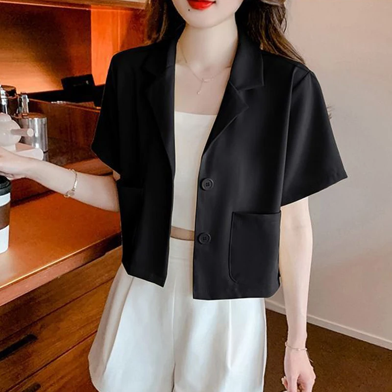 Women Summer Trendy Short Sleeve Chic Commute Single Breasted Blazers Female Korean Solid Casual Streetwear Cropped Suit Jacket