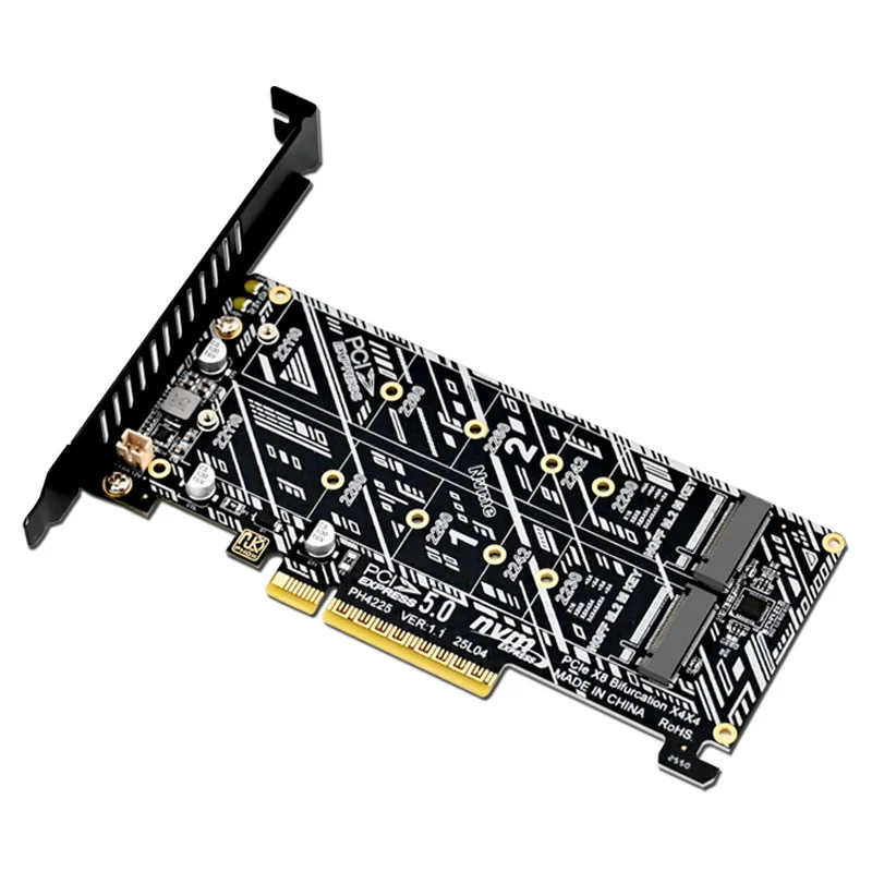 Double NVMe to PCIE 5.0 X8 Bifurcation Card SSD Adapter RAID Card for 2230 2242 2260 2280 M.2 NVME SSD for Desktop Data Movement