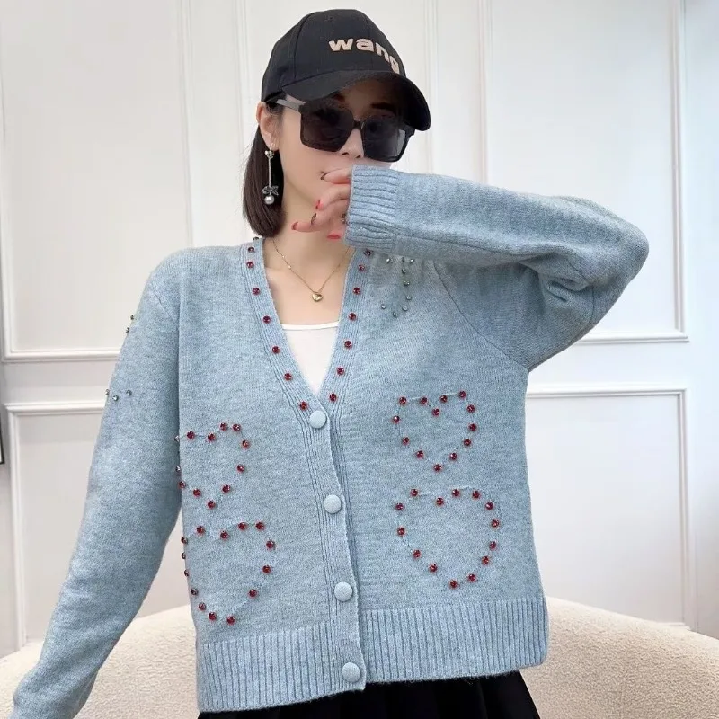 Sweaters for Women Autumn Winter Fashion V Neck Single Breasted Knitted Cardigans Female Diamonds Chic Long Sleeve Loose Jackets